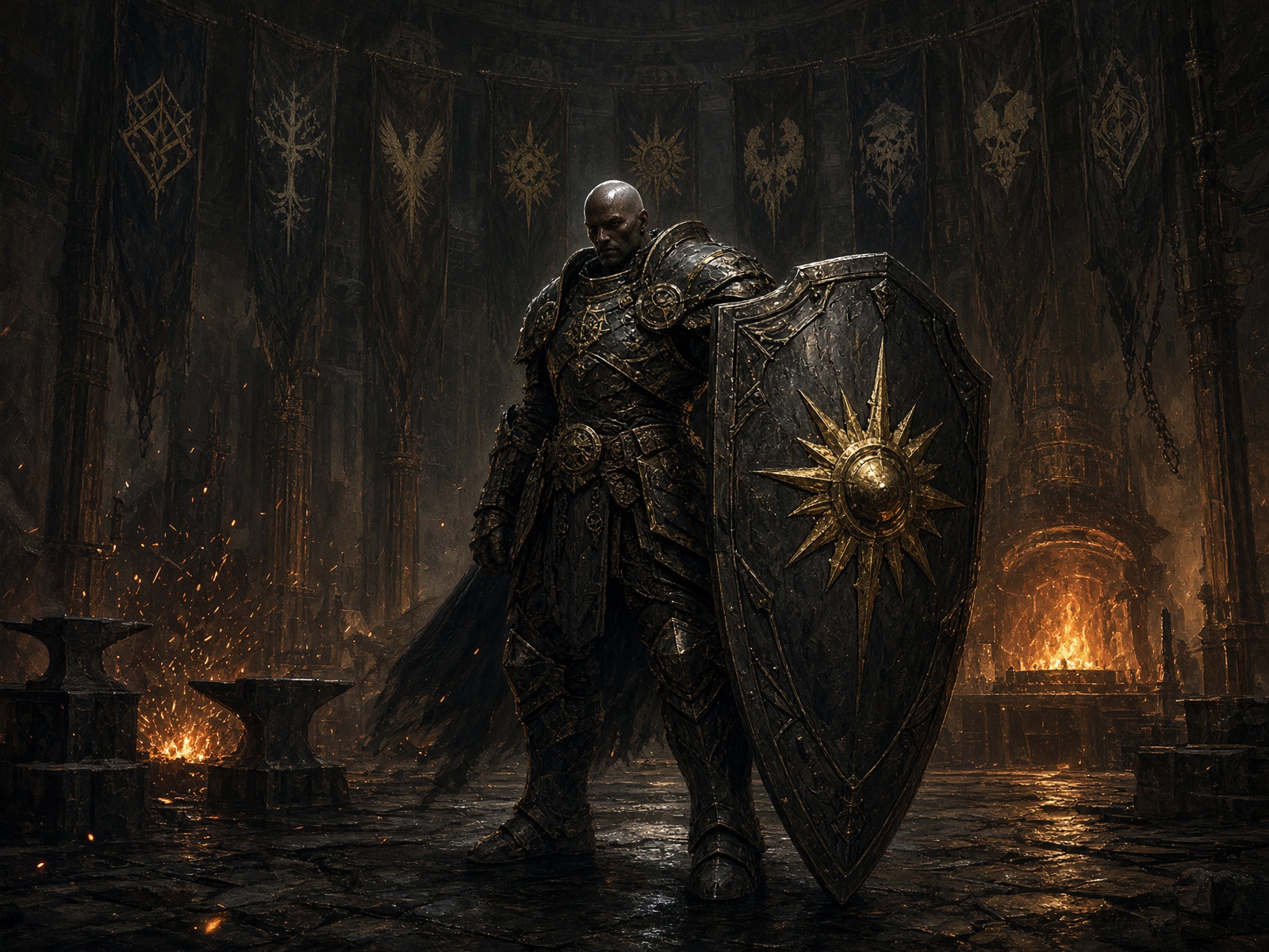 An Aegis champion in the forge hall. Character art for cards 001–020 remains reserved for the creator’s design pass.