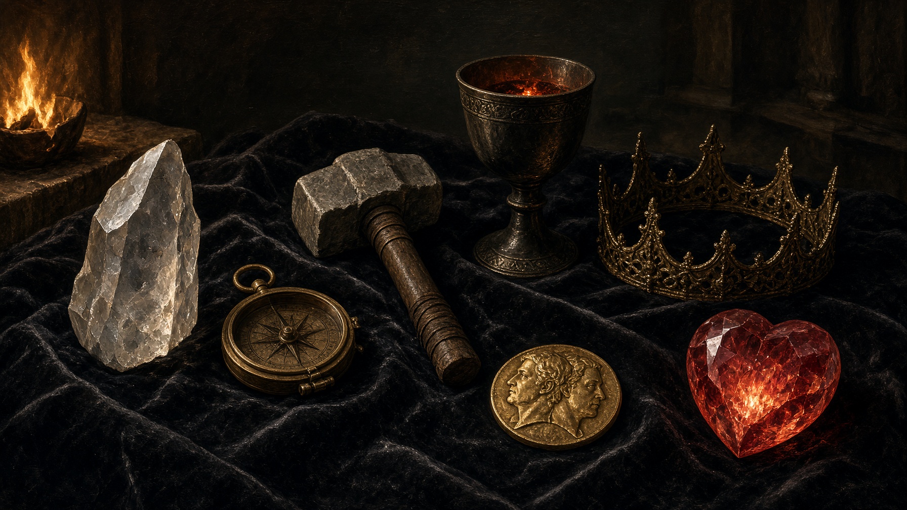 Seven relics as still life. Names and effects remain ROUGH DRAFT; do not gild a number the freeze has not locked.