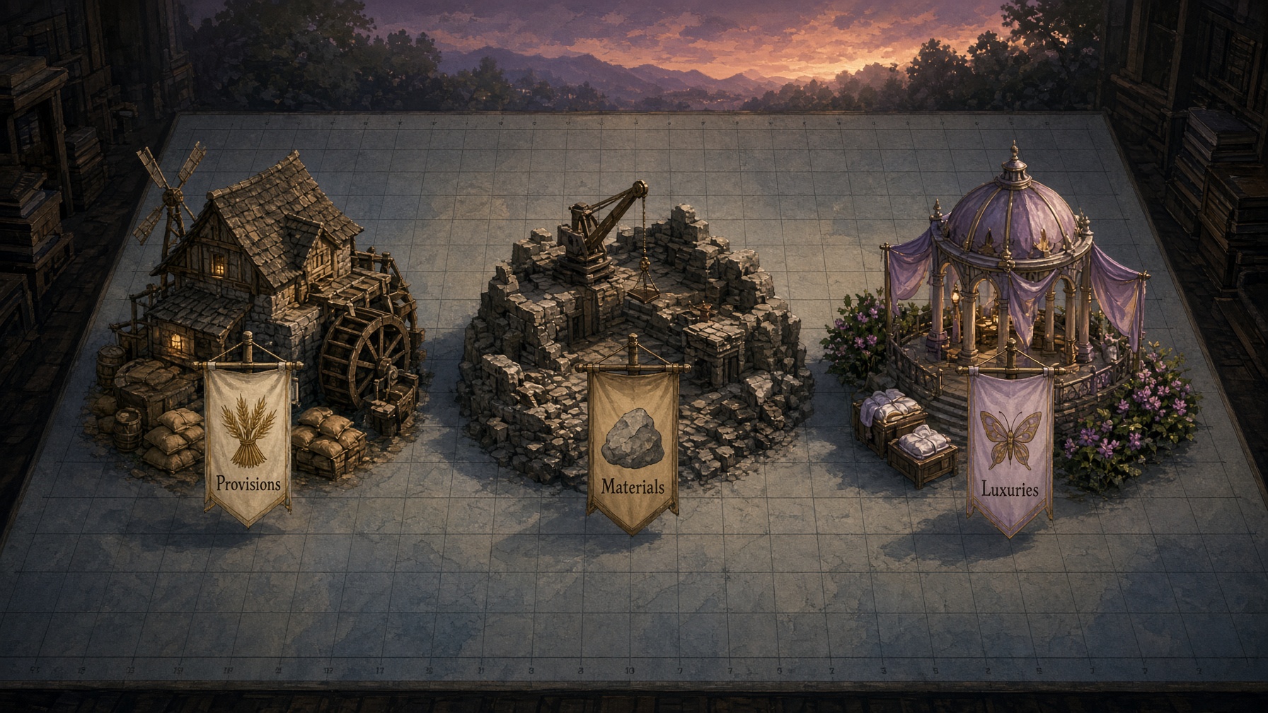 Three goods. Two seeded sites of different types. Trade moves what exists; it never prints more.